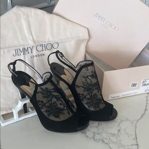 Jimmy Choo Black and Beige Lace Heels
